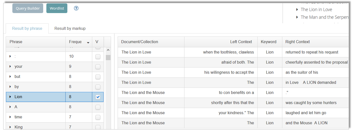 Screenshot of a CATMA wordlist. The KWIC-view for the word 'Lion' is displayed on the right.