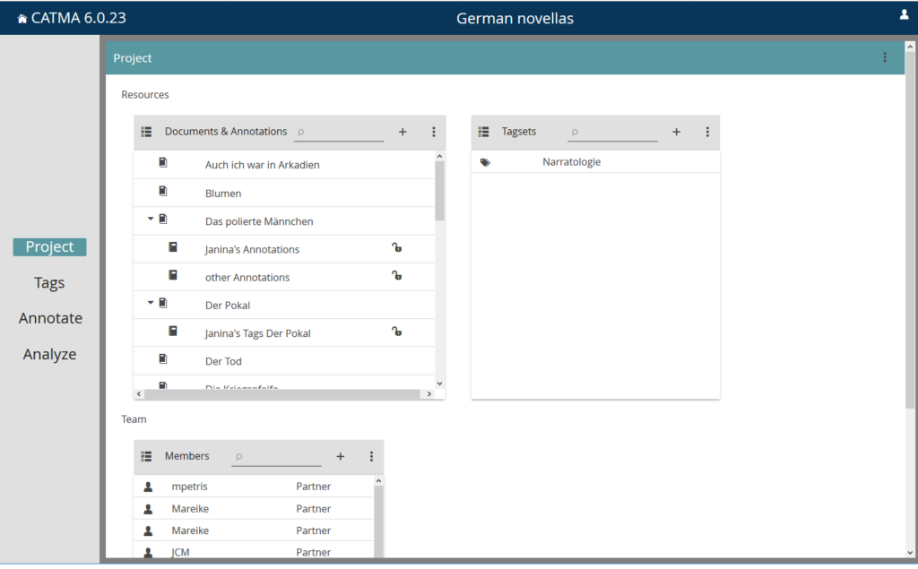 an example of an opened project using the CATMA annotation tool