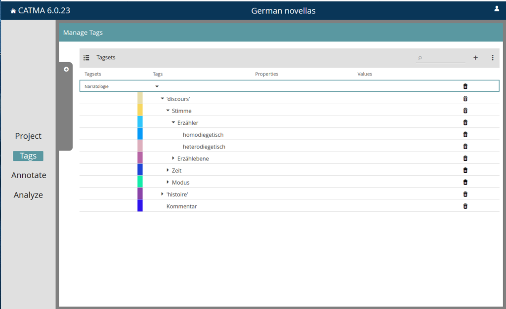 image shows an example of how Ttgs are displyed and organized in the CATMA tool under the tags tab