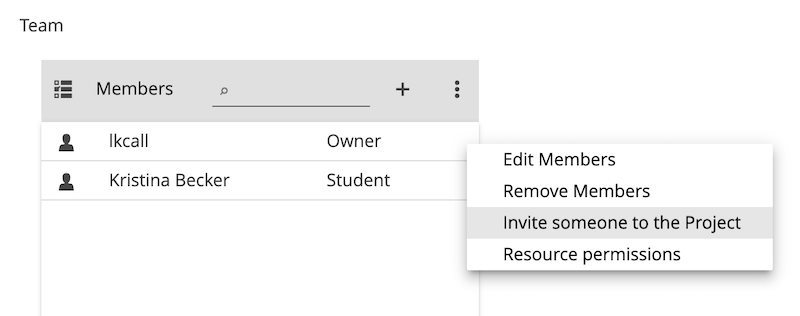 The displayed image shows an expanded menu that allows a user to invite someone to the project