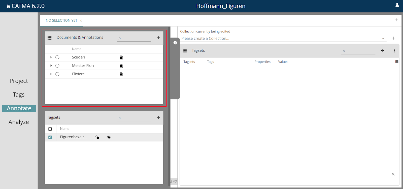 Image showing CATMA's Documents and Annotations panel (Warum kann ich bei CATMA meine Annotationen nicht mehr sehen, dokument, editor, annotator, sichtbar, auge, tagset, collection, gone)