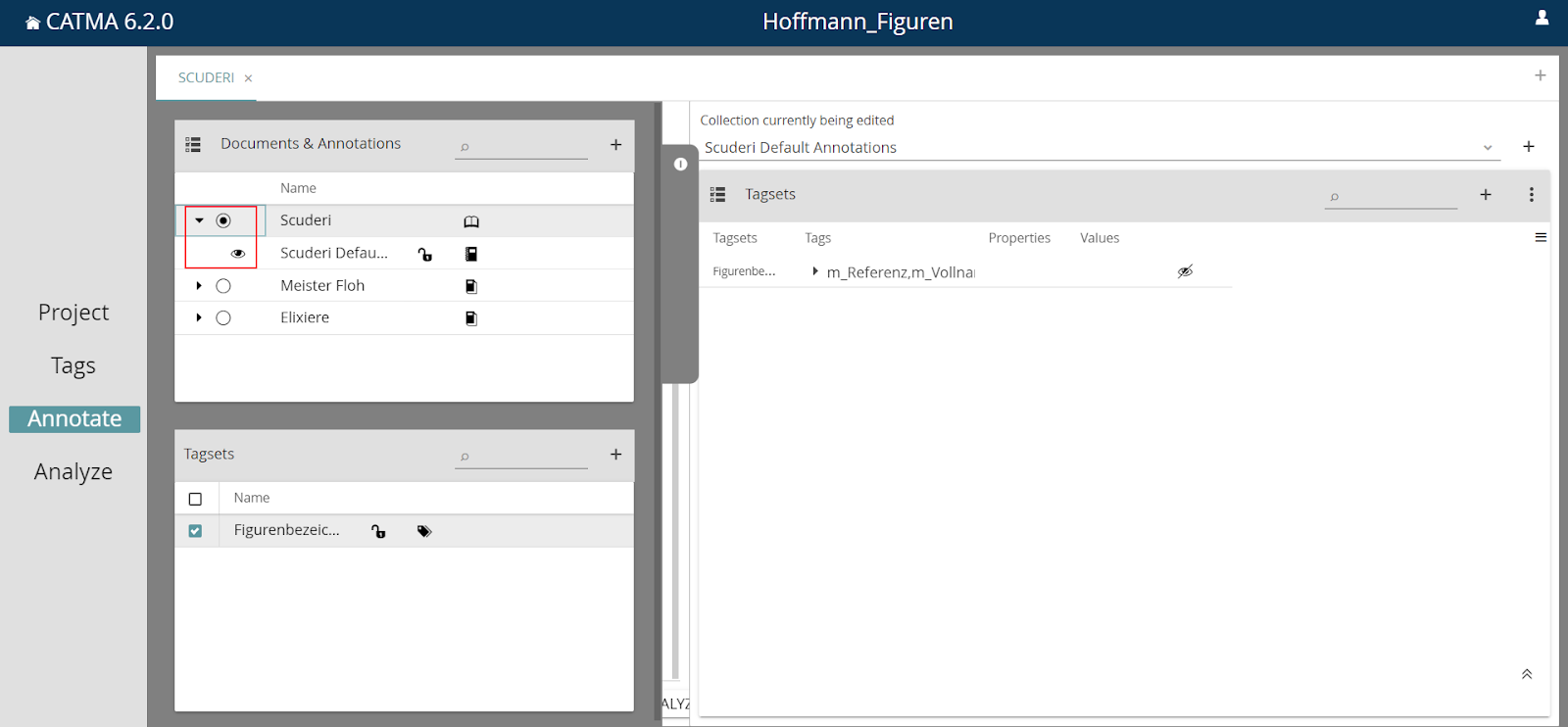 Image showing CATMA's Documents and Annotations panel with a document selected and expanded