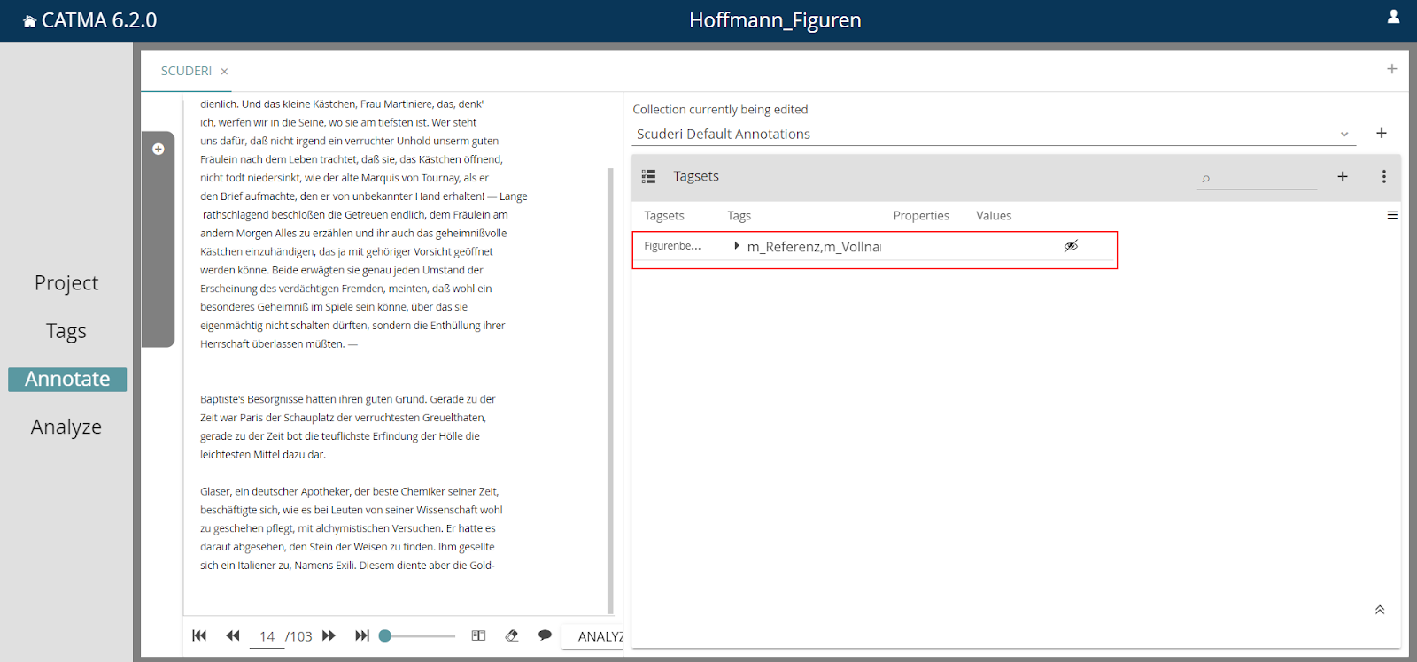 Image showing the Tagsets panel in CATMA's Annotate module, with a collapsed tagset set to not visible (hide, show)