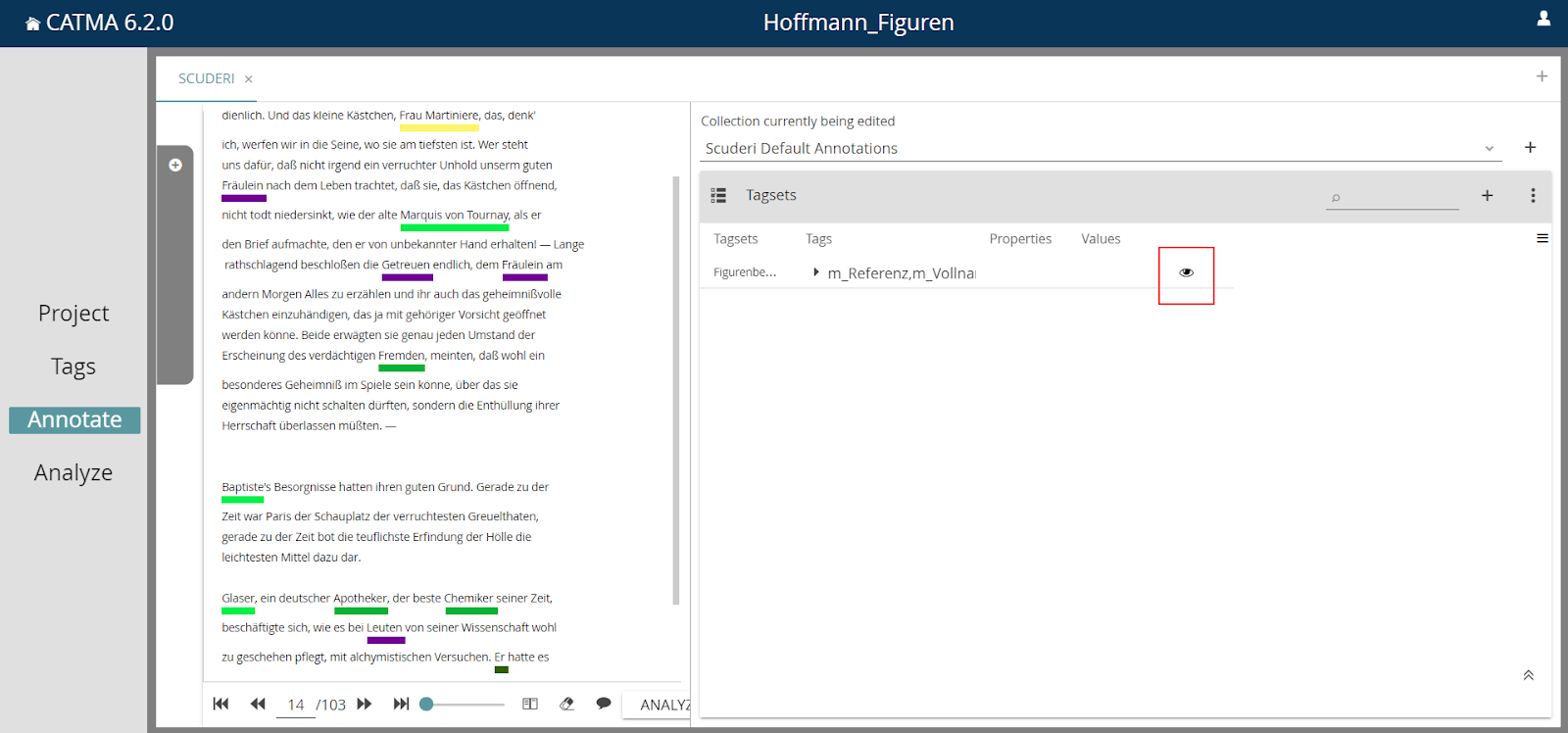 Image showing the Tagsets panel in CATMA's Annotate module, with a collapsed tagset set to visible and annotations in the text