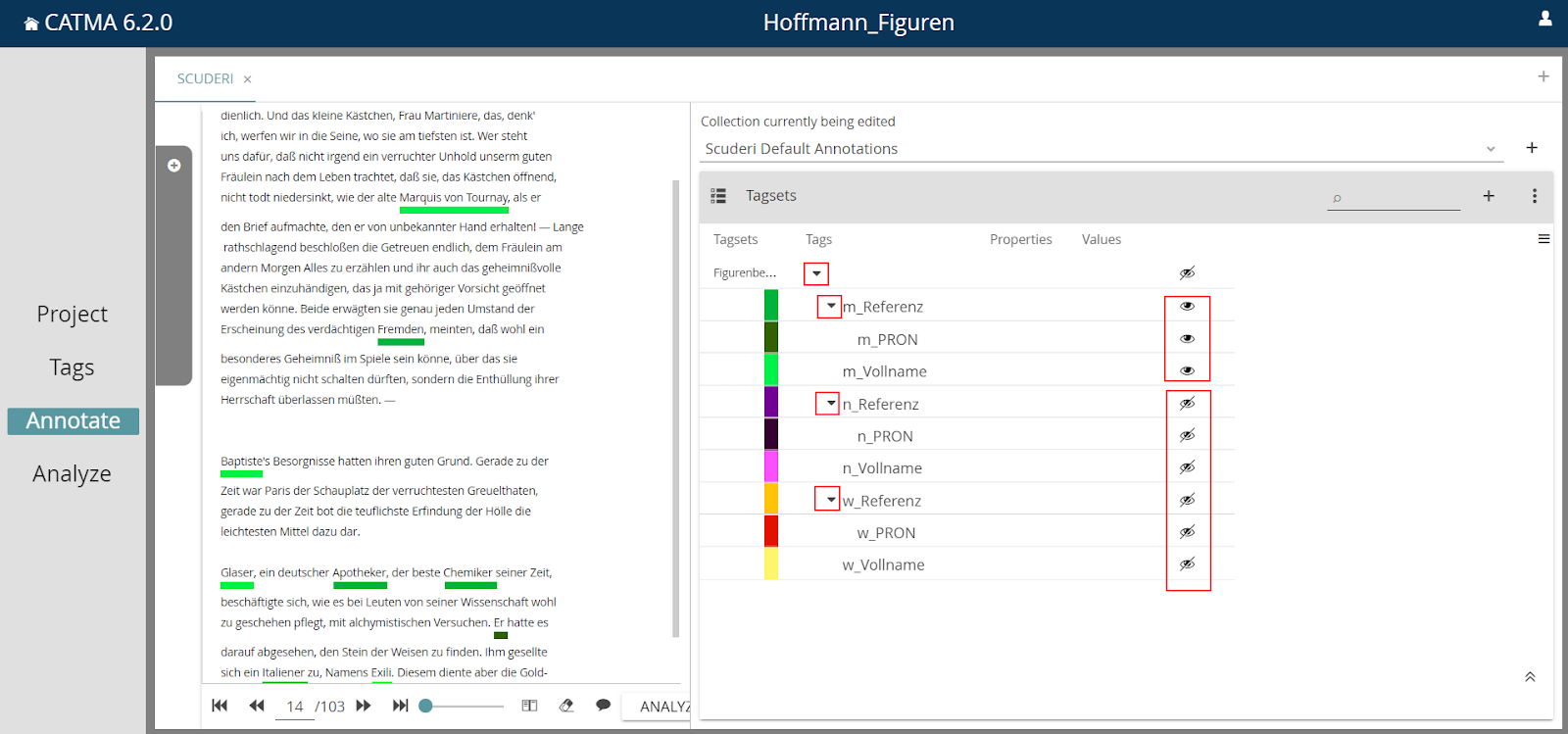 Image showing the Tagsets panel in CATMA's Annotate module, with an expanded tagset and varying visibility