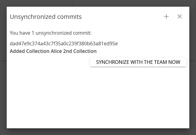 Image showing CATMA's synchronization dialog (unsynchronized commits, synchronize with the team now)