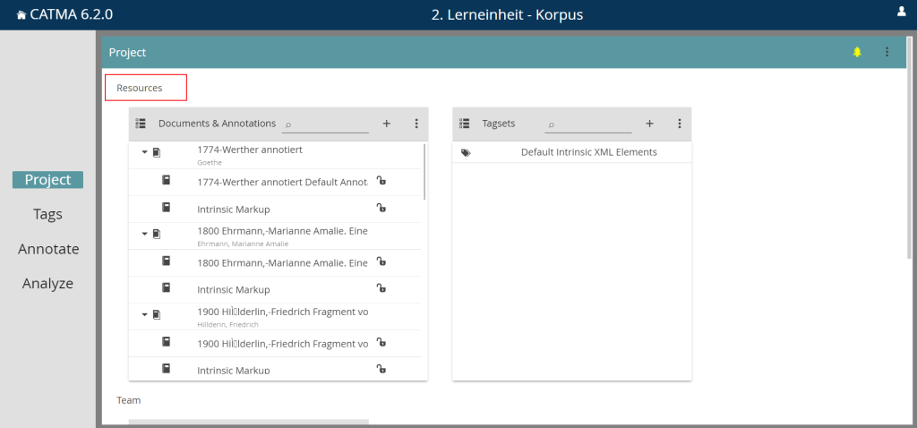 Image displays view of an open project, CATMA annotation tool, FAQ