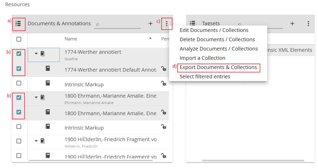 Image shows how to export documents and annotations using CATMA