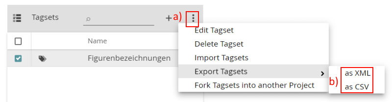 Image shows how to export tagsets in CATMA