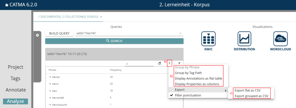 Image shows how to export from the results panel CATMA