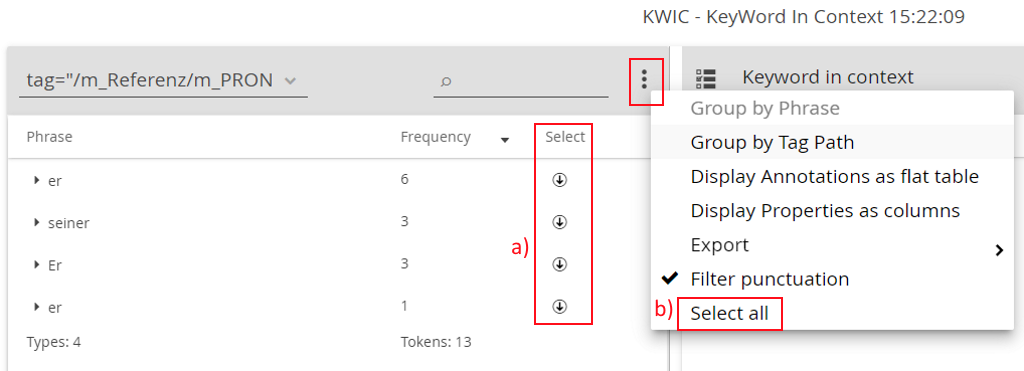 Image shows how to export the keyword in context table, KWIC, double-tree