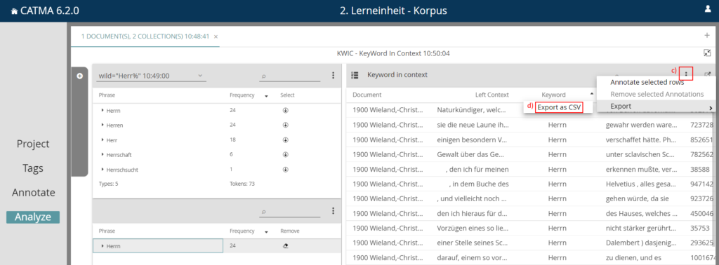 Image shows how to export in CSV format CATMA, annotation tool