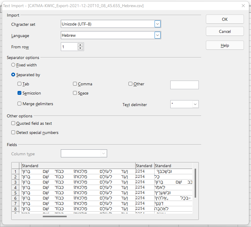 Image showing an OpenOffice Text Import window, and which character set and separator options to select.