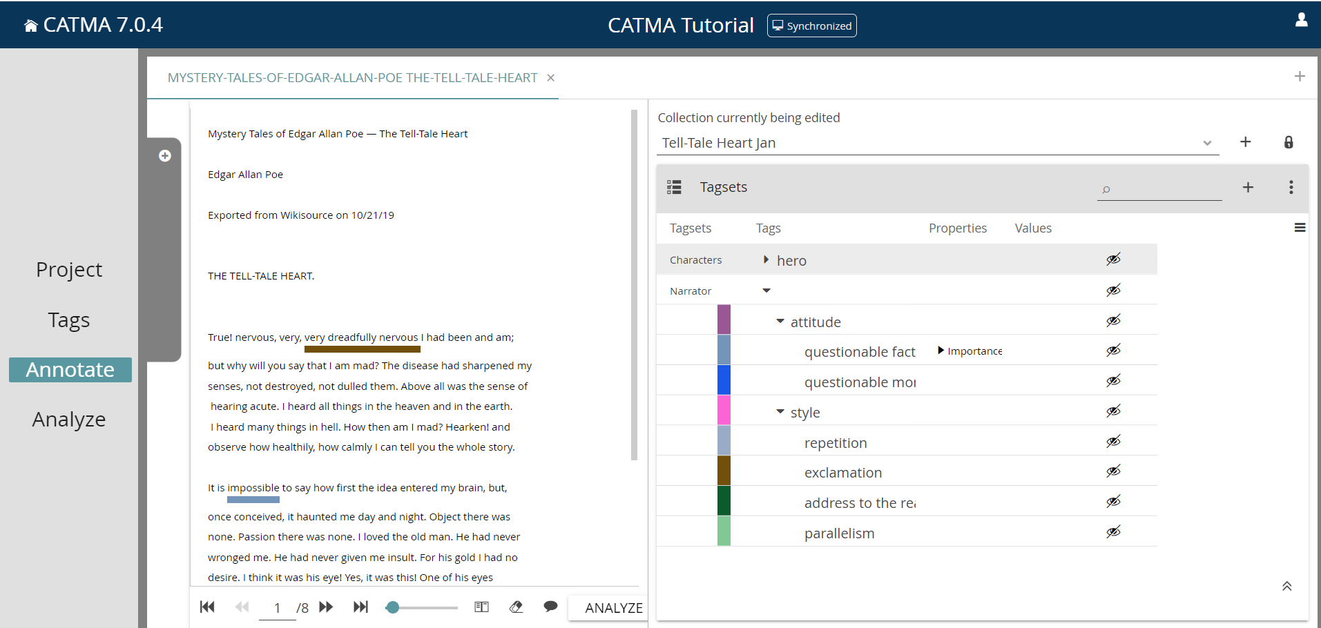 image shows an example of the annotate tab showing a text and potential tagsets for annotation