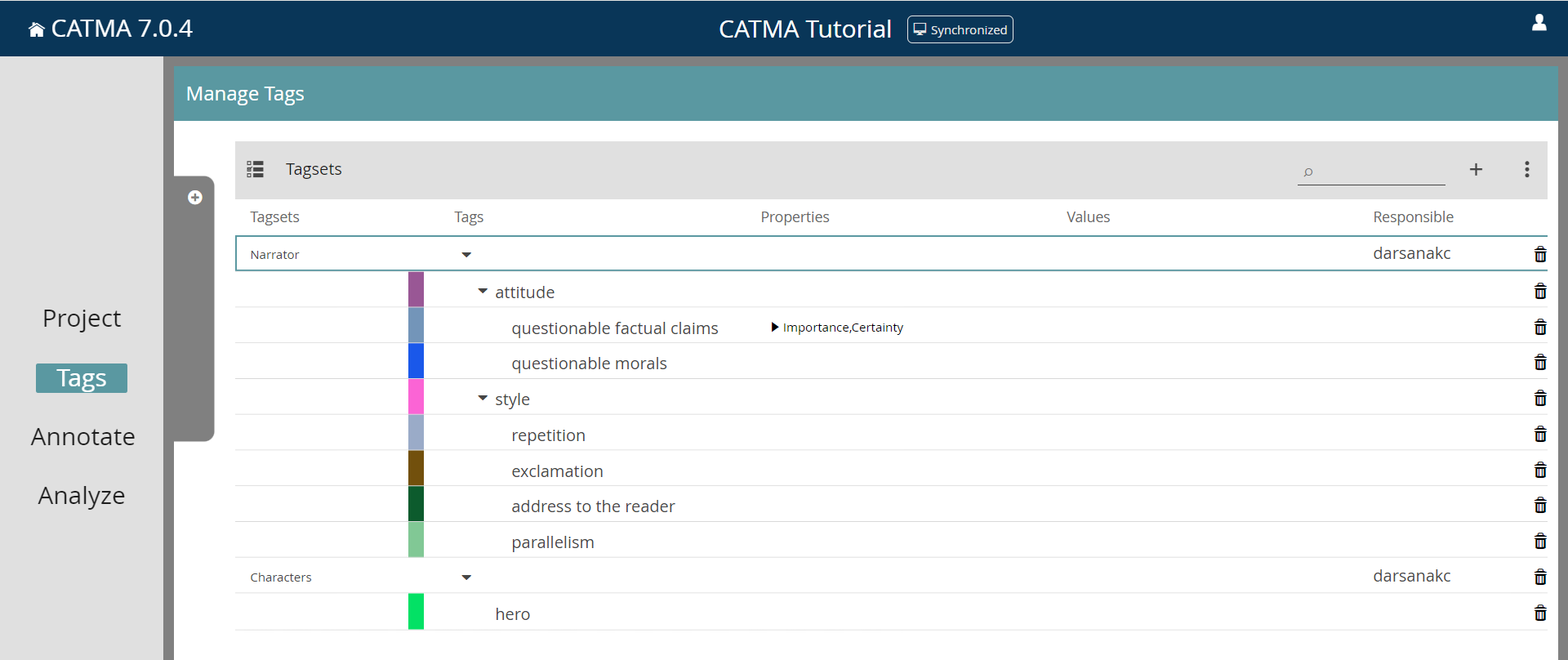 image shows an example of how Ttgs are displyed and organized in the CATMA tool under the tags tab