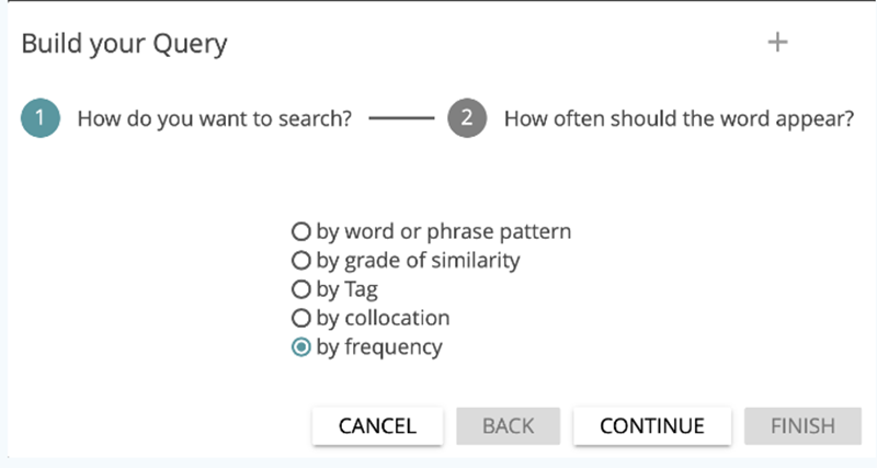 image shows the BUILD QUERY feature in CATMA: How do you want to search?