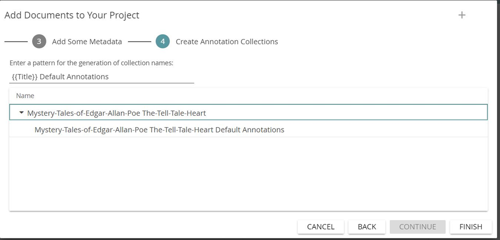 Image shows the creation of Annotation Collections as the last step of the document upload process in CATMA