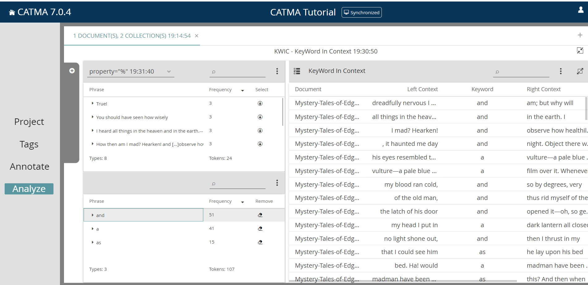 image shows the KWIC list in CATMA with selected keywords in the Analyze module