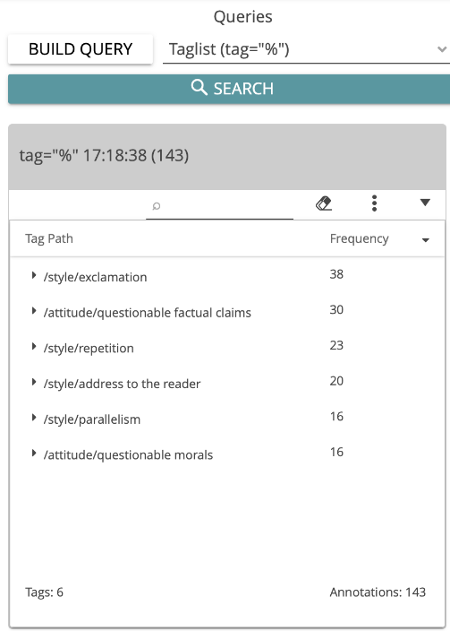 image shows the Tag list in CATMA’s Analyze module