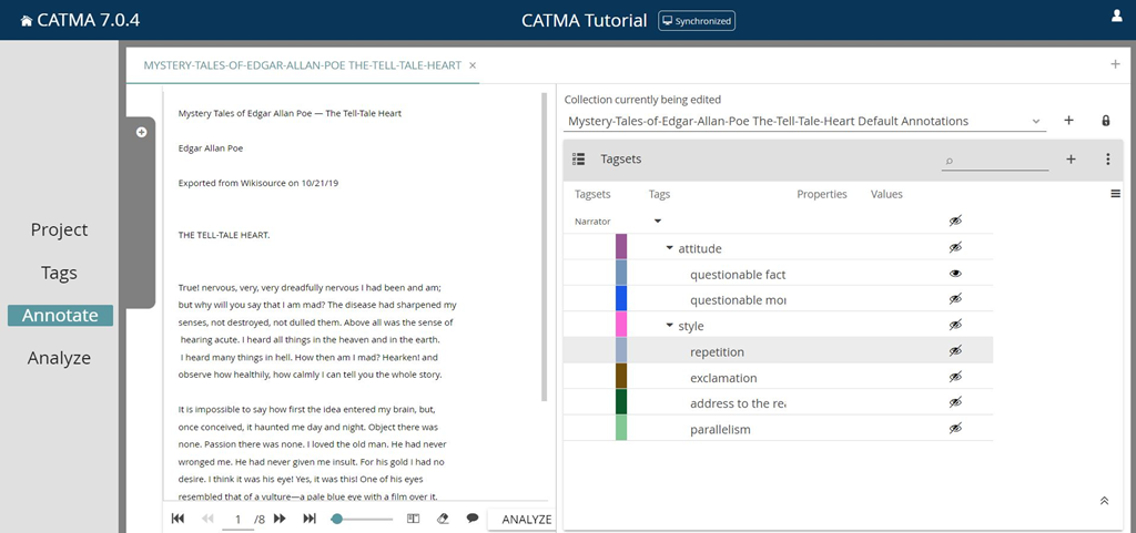 image shows annotate modle tab in CATMA with open tags