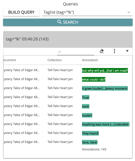 image shows the Tag list in CATMA’s Analyze module with Annotations