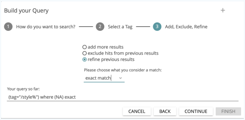 image shows the BUILD QUERY feature in CATMA: building a complex query