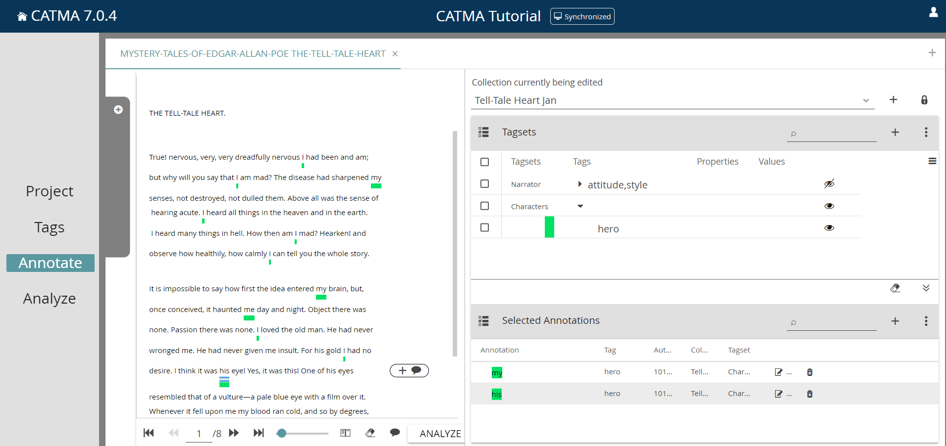 image shows Poe’s The Tell-Tale Heart with semi-automatically generated annotations of the main protagonist in the Annotate module