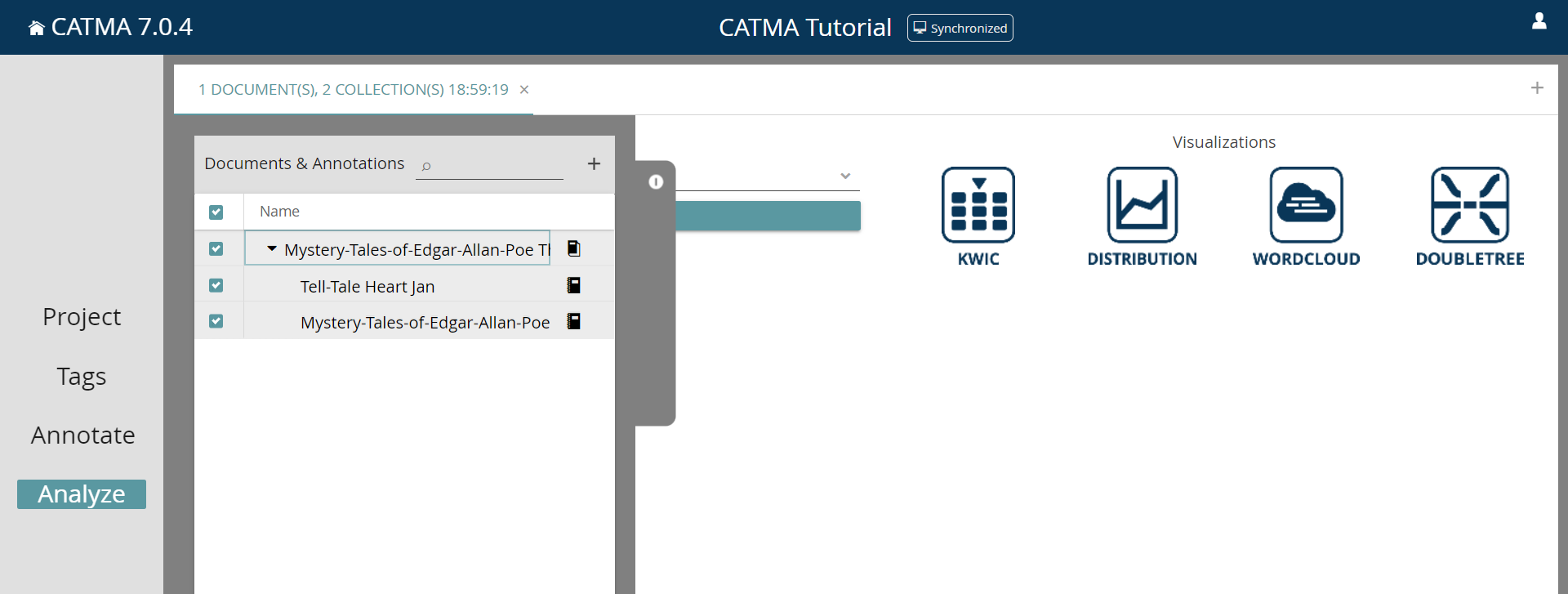 image shows selection of documents and annotation collections in CATMA’s Analyze module