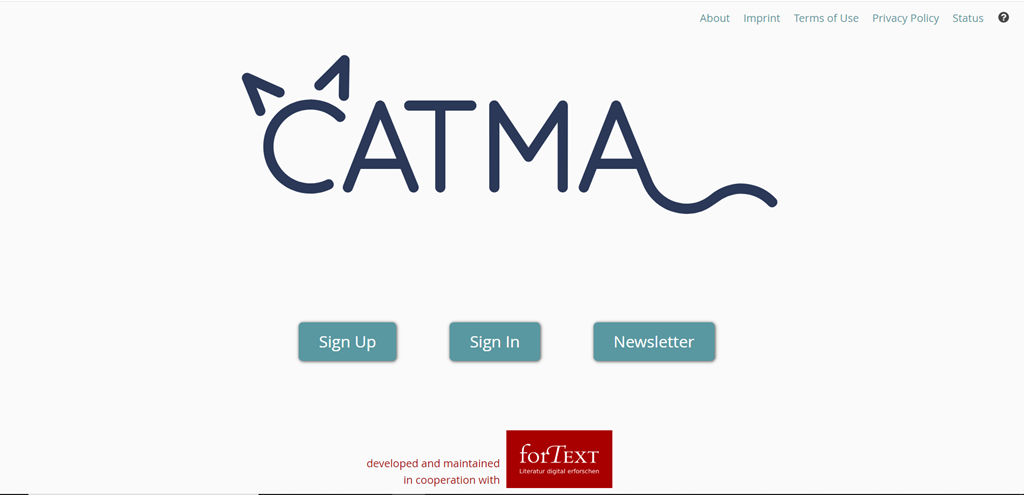 Image displays CATMA's sign up, sign in, and newsletter buttons