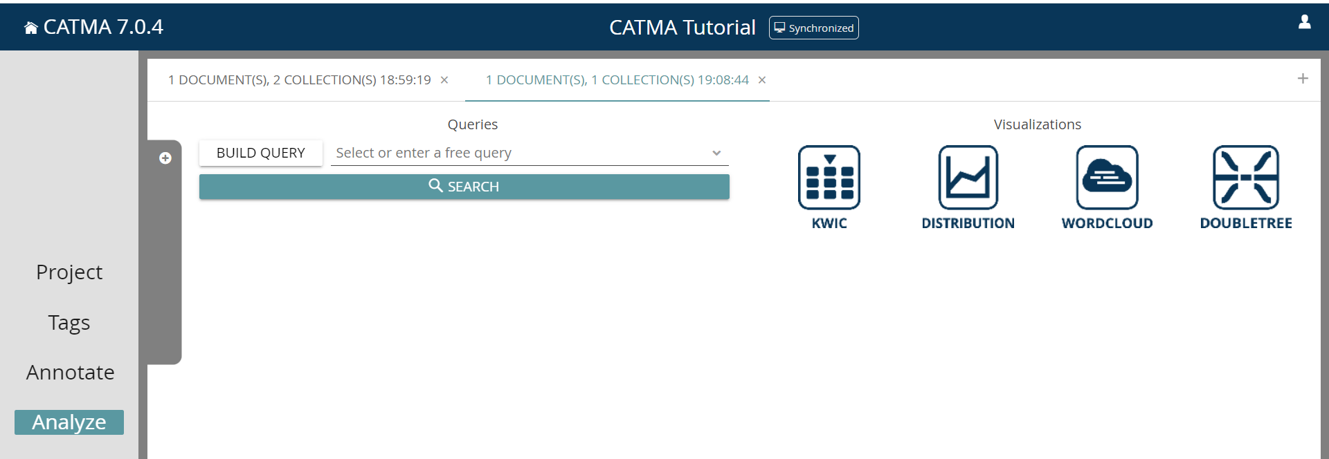 image shows CATMA’ s Analyze module with two analysis tabs