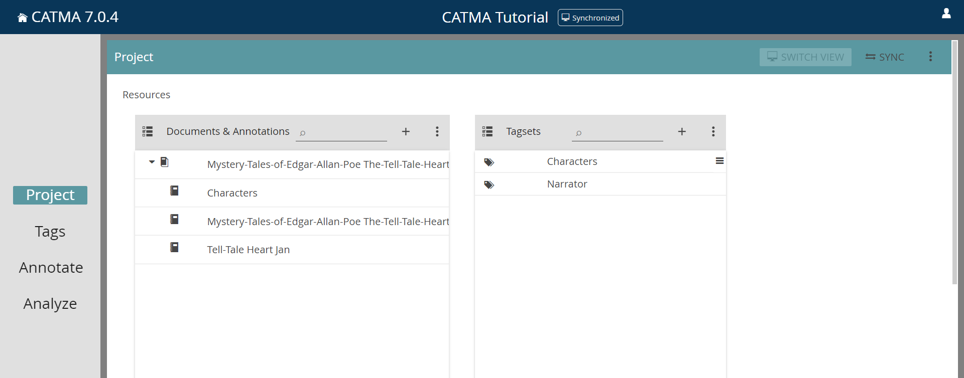 image shows the Project module in CATMA