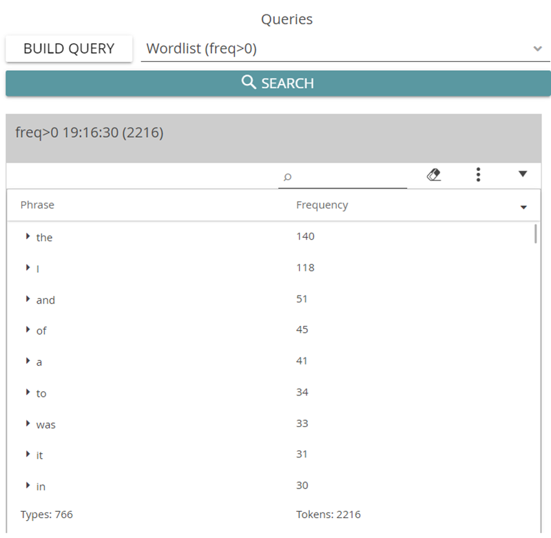 image shows the Wordlist showing all words sorted by frequency