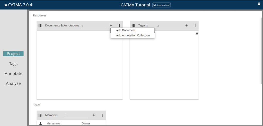 Image shows how to add a new document or annotation collection in CATMA