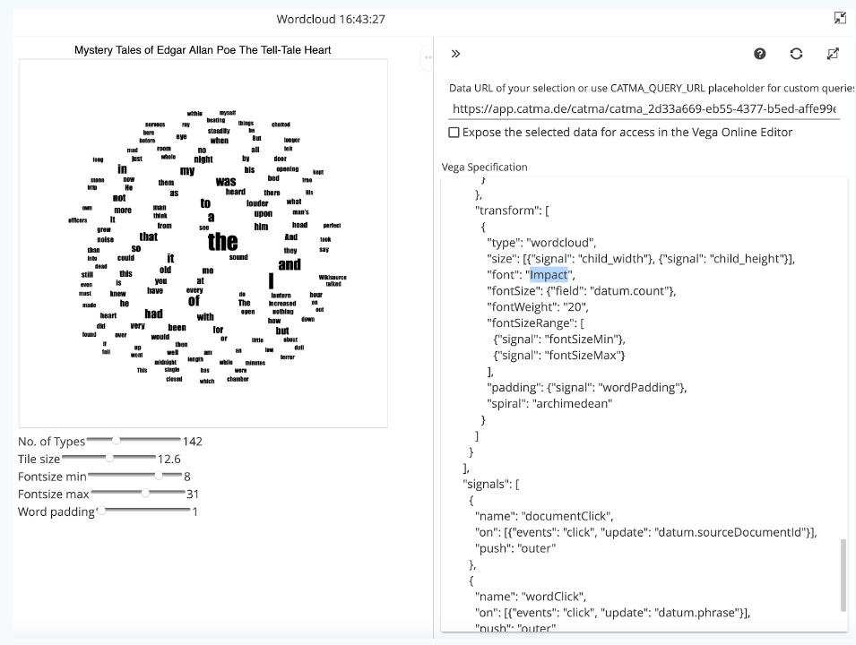 image shows an excerpt from the Vega code for a CATMA wordcloud with changed font