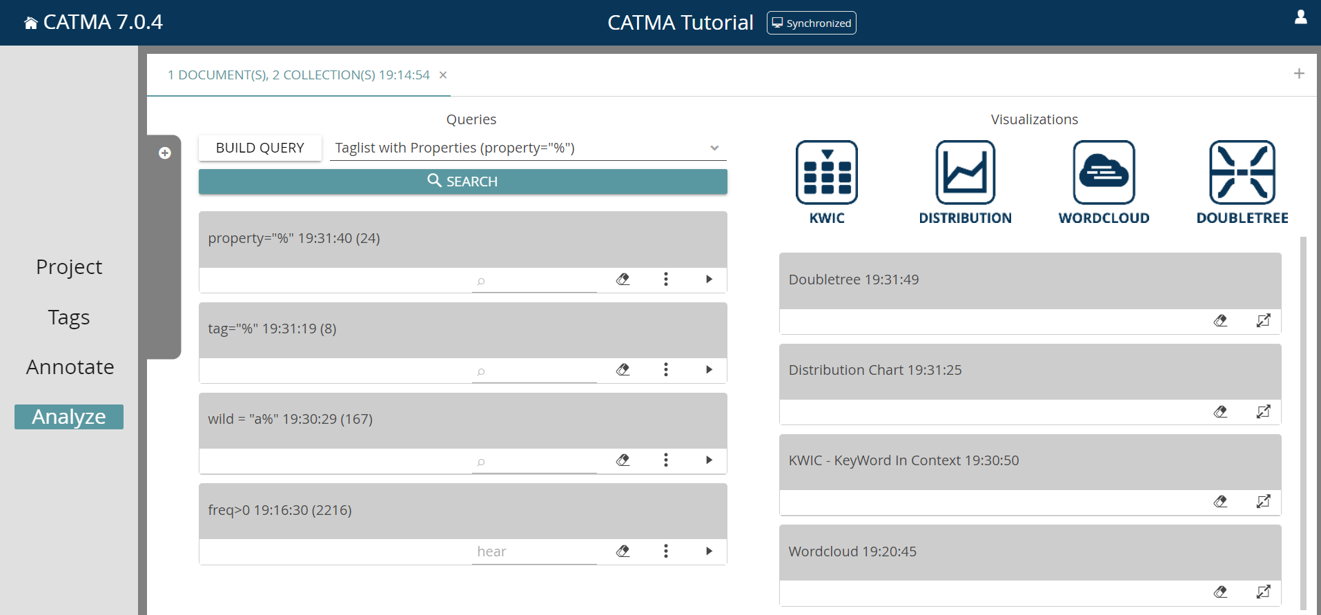 image shows the Analyze module with collected queries and several visualizations