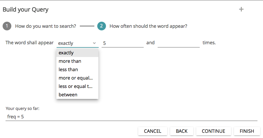 image shows the BUILD QUERY feature in CATMA: searching for frequencies