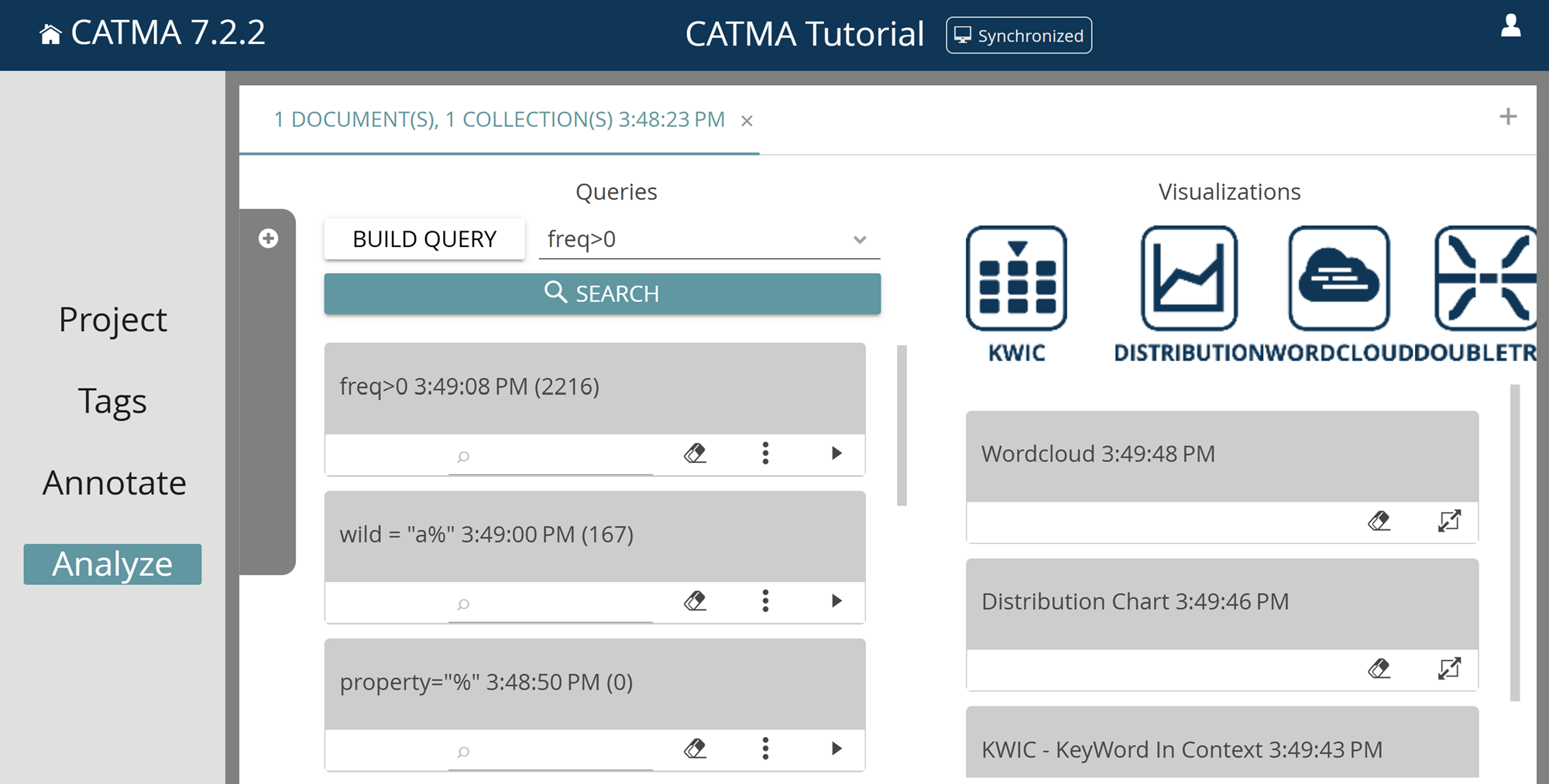 image shows the CATMA Analyze module with several collected queries and visualizations