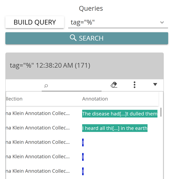 image shows results of a taglist query in CATMA’s Analyze module, displayed as a flat table