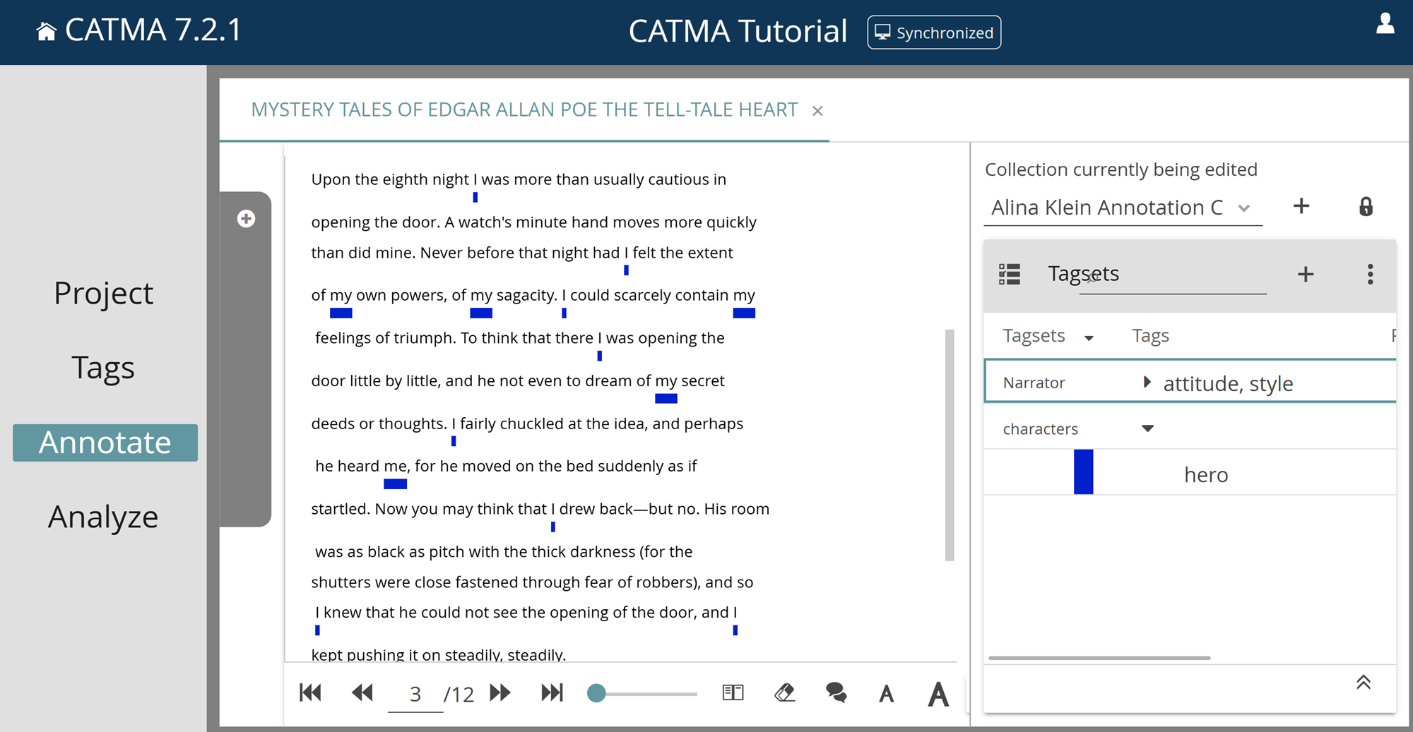 image shows Poe’s The Tell-Tale Heart with semi-automatically generated annotations of the main protagonist in the Annotate module in CATMA