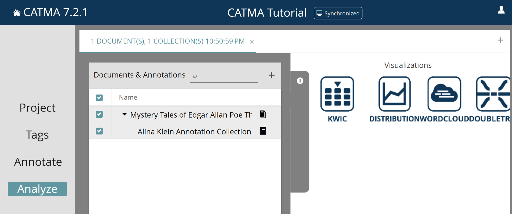 image shows selection of documents and annotation collections in CATMA’s Analyze module