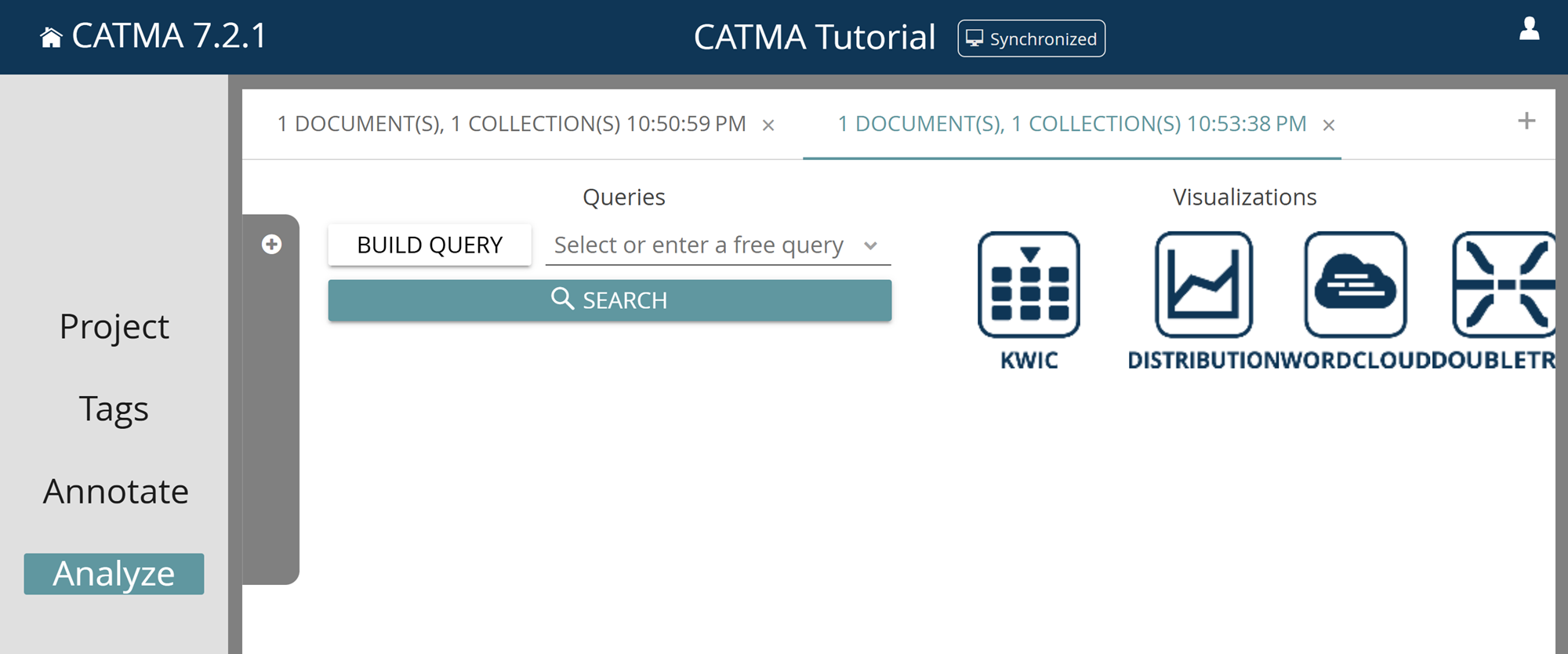 image shows CATMA’ s Analyze module with two analysis tabs