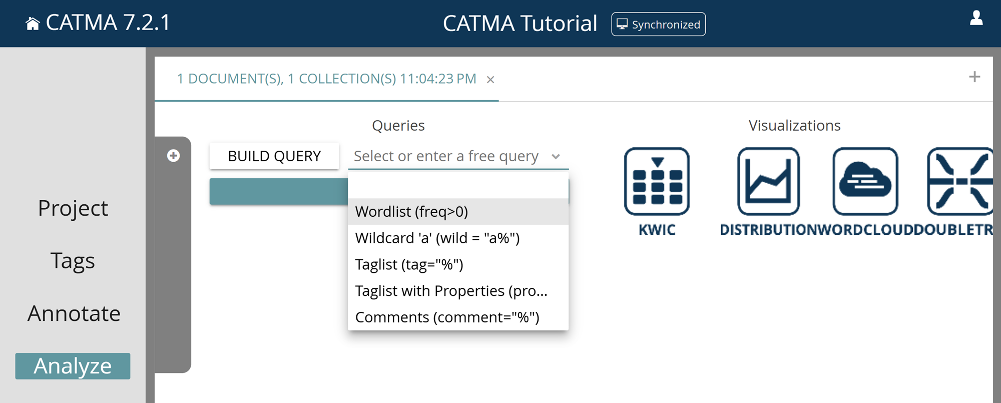 image shows selection of the Wordlist query in the Analyze module