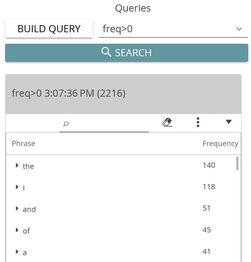image shows the results of a wordlist query in CATMA, showing all words sorted by frequency