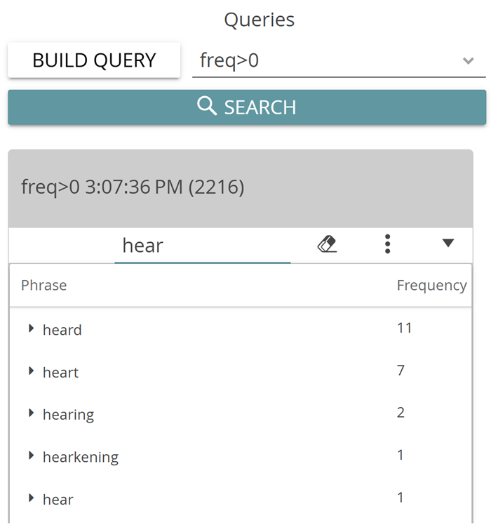 image shows the search bar and icons in CATMA’s query result lists