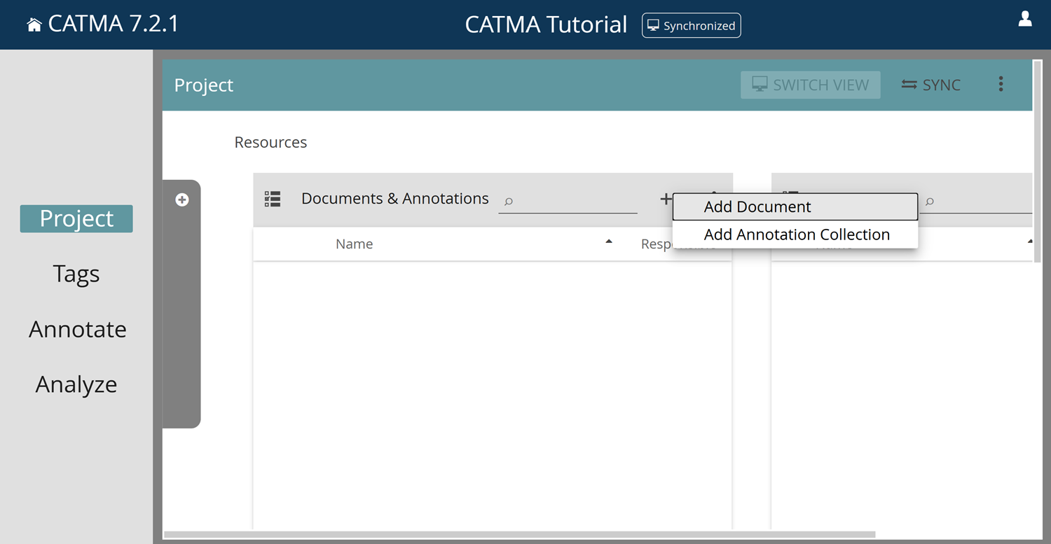 Image shows how to add a new document or annotation collection in CATMA