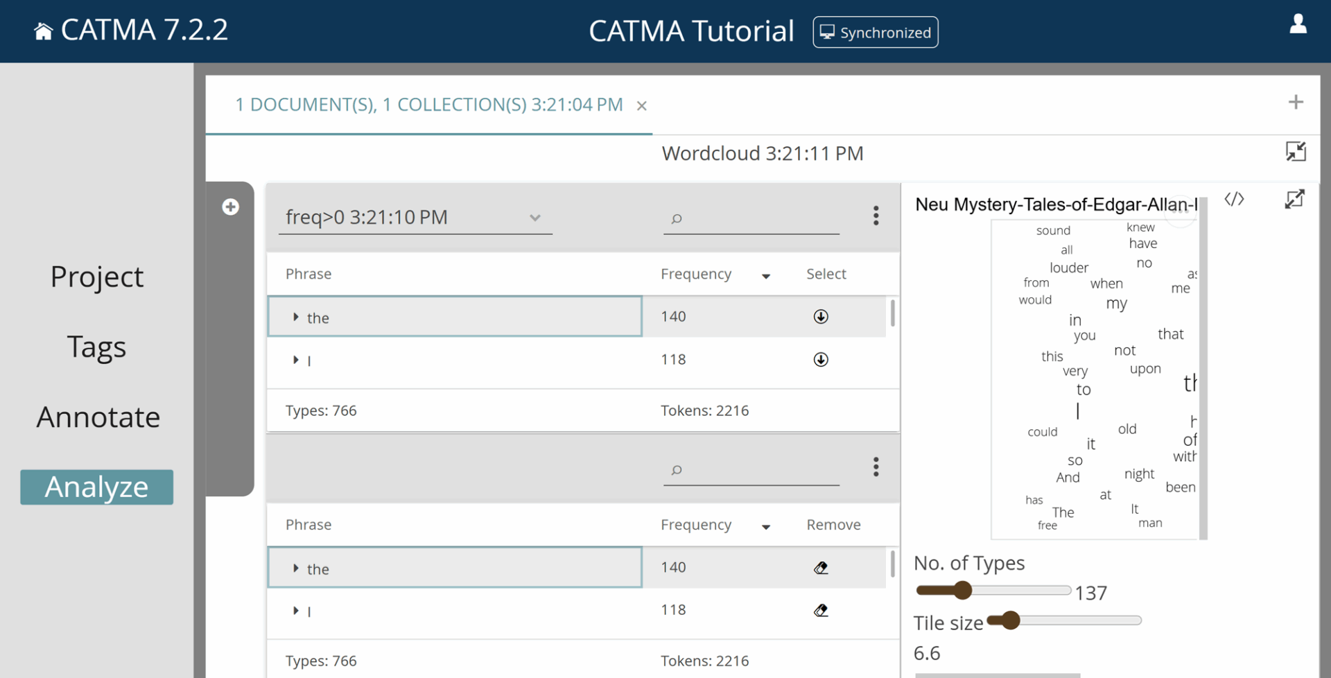image shows how to select words from a query result list for a CATMA wordcloud