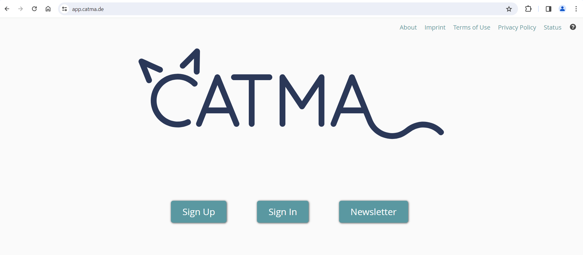 CATMA's start screen with sign up, sign in and newsletter buttons