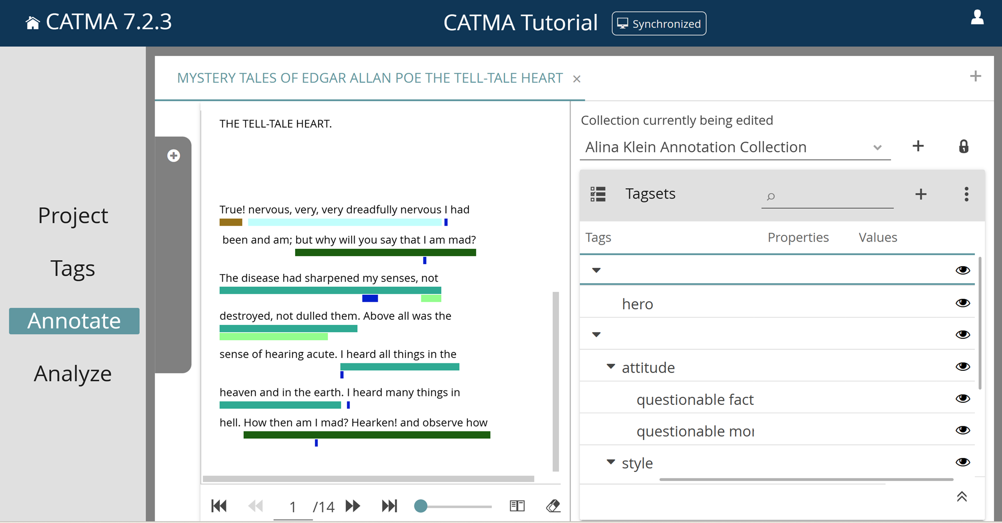 image shows an example of the annotate tab showing a text and potential tagsets for annotation