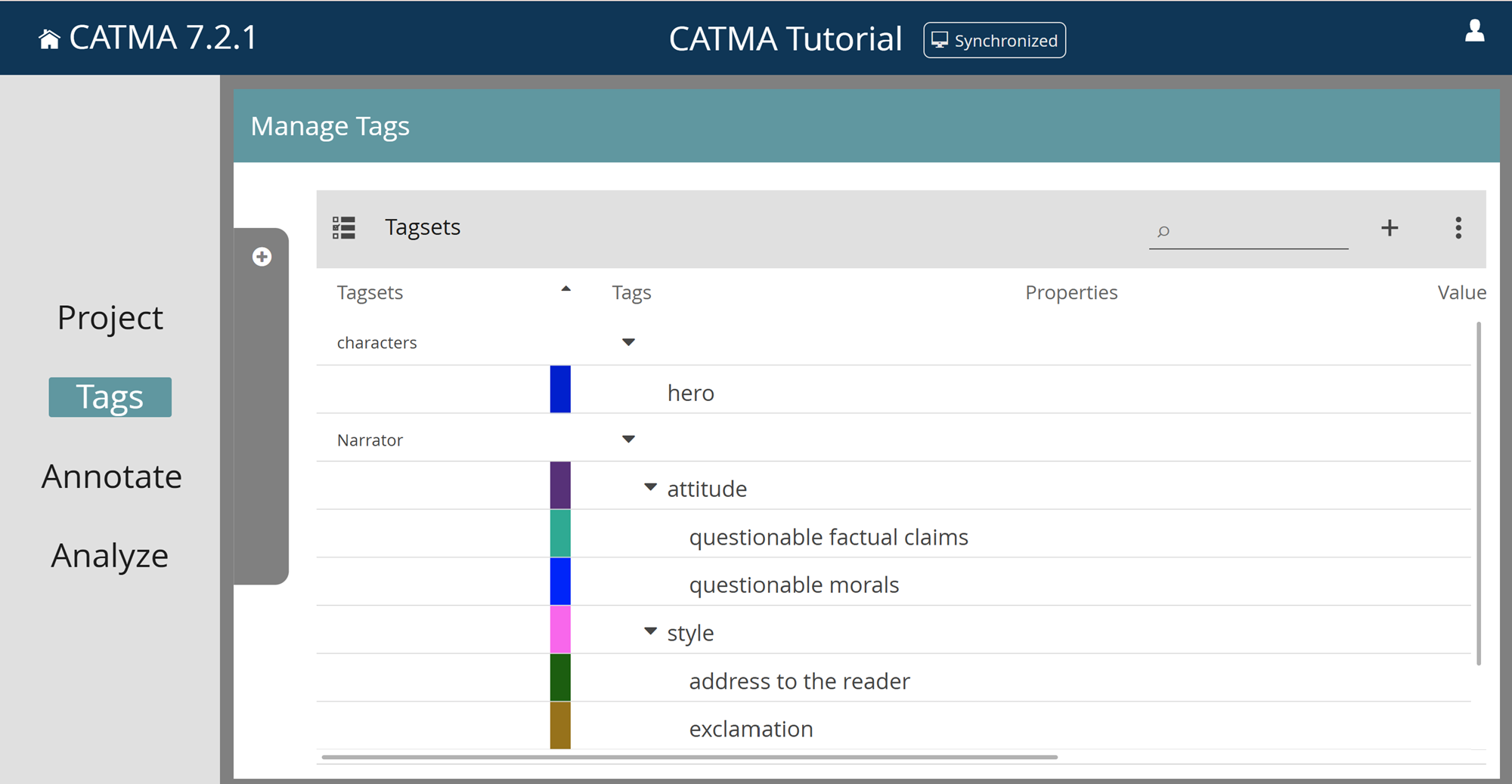 image shows an example of how Tags are displyed and organized in the CATMA tool under the tags tab