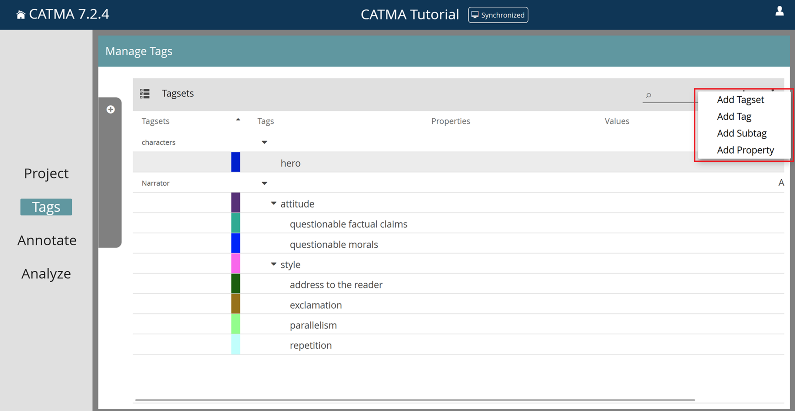 image shows to expanded Tagsets and how to add Tags, Properties and Values in the Tags Module